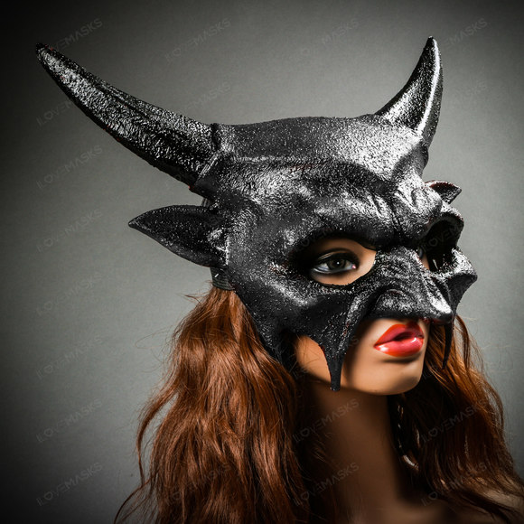 Demon Sharp Horn Devil Masquerade Mask - Popcorn Black - Picture 8 of 8